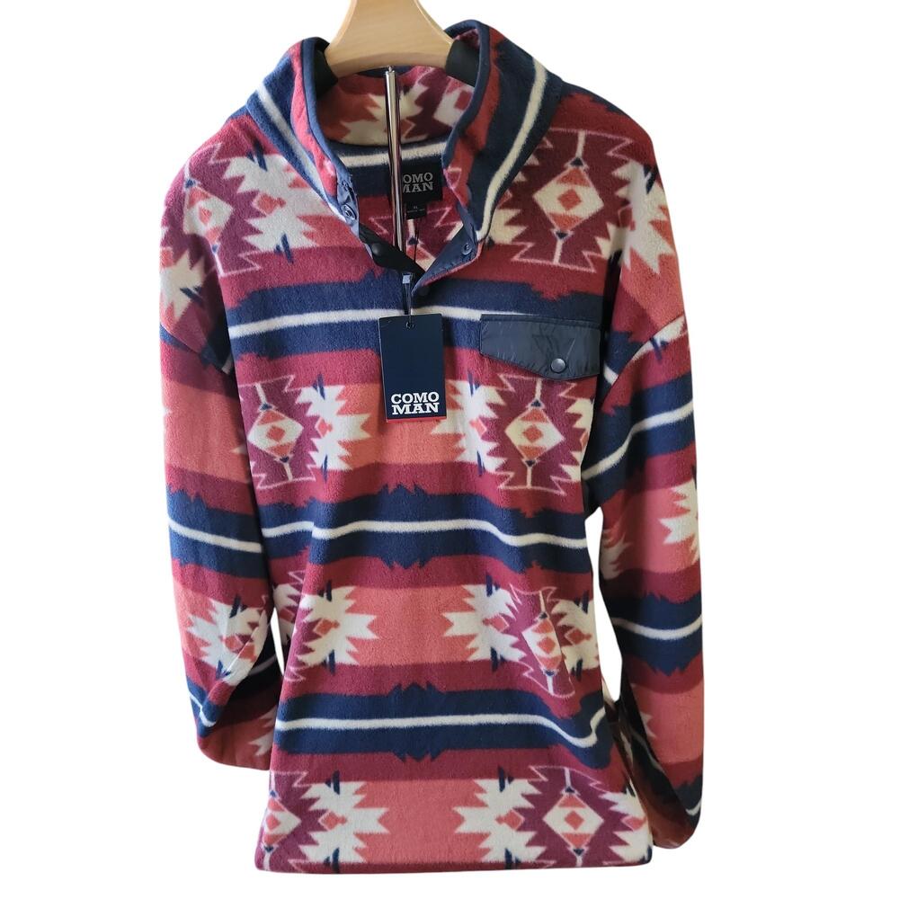 Como Man Red High Collar Patterned Pullover Fleece Extra Large